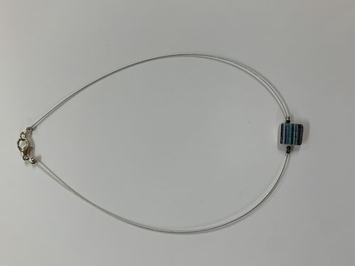 Wire Necklace with Blue Stripey Square