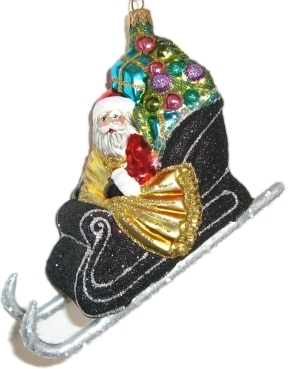 Santa mit Geschenken im schwarzen Glitterschlitten