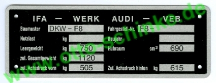 Typenschild DKW F 8 Audi