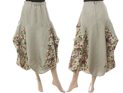 Lagenlook linen balloon parachute skirt with roses, in beige M-L