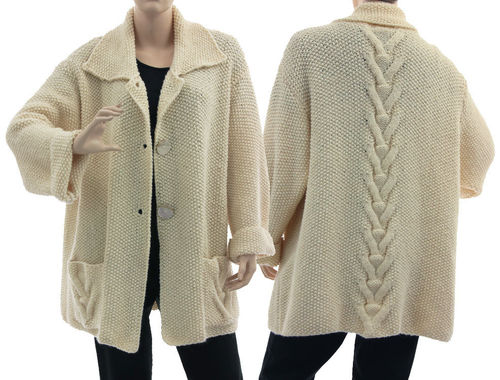 Oversized hand knitted cabled cardi Elisa in ecru off white L-XL