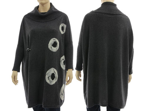 Oversized lagenlook knit cowl sweater, felt circles, anthracite L-XXL