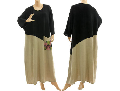 Fall winter maxi dress hand painted, linen crepe in black natural L-XXL