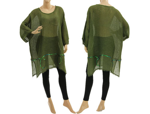 Boho summer tunic, beach dress with sequins, linen in olive M-XXL
