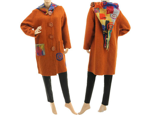 Boho lagenlook coat with felted hood, boiled wool in rust S-M