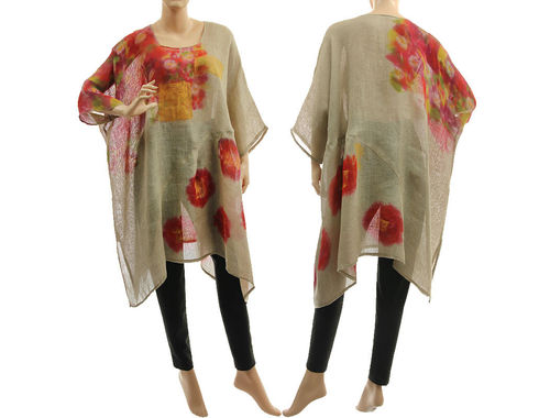 Boho hand painted linen gauze tunic in natural red M-XXL