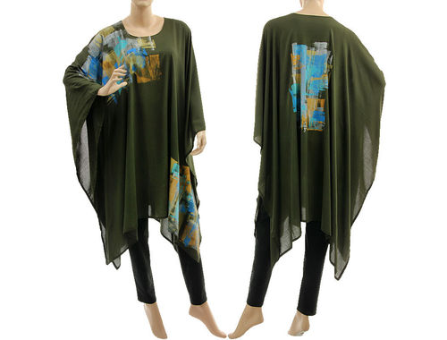 Stylish hand painted evening party poncho cover-up in dark khaki S-XL