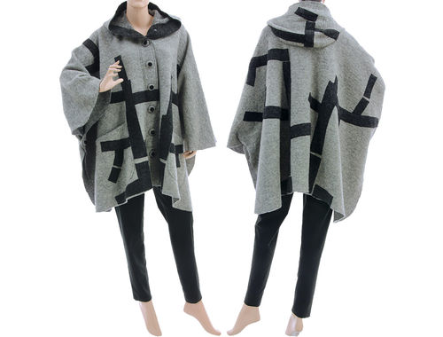 Boho hooded poncho cape with tree, boiled wool light and dark grey M-XXL