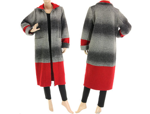 Cute lagenlook fall winter coat, boiled wool in grey red M-L