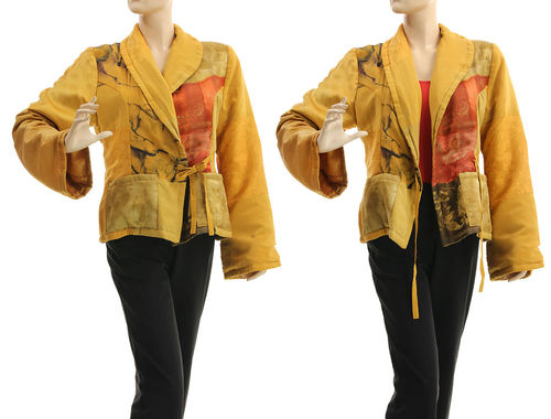 Warm upcycled lagenlook jacket, silk in yellow S