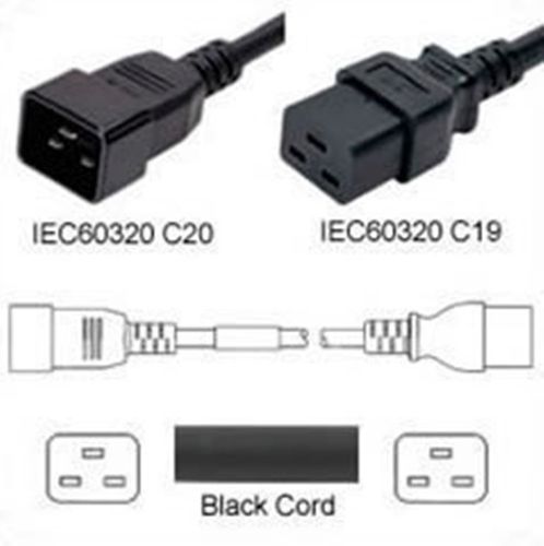 Black Power Cord C20 Plug to C19 Connector 1.2m 20A 250V 12/3 SJT