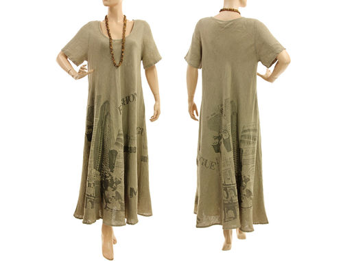 Maxi Leinen Kleid mit Print, Lagenlook in natur 42-46