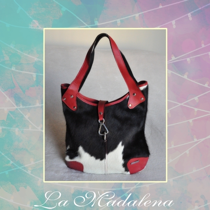 9427 Calf-hair leather handbag, white and black, red border, Unique item