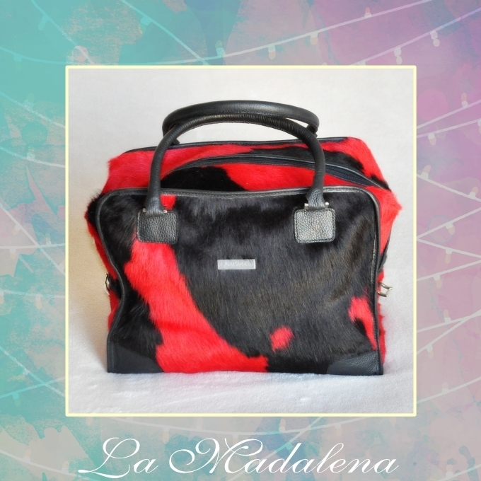 9429 Calf-hair leather suitcase, holando, black and red, black border,  Unique item
