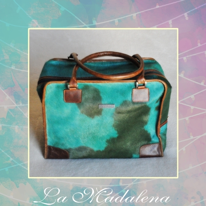 9433 Calf-hair leather suitcase, green and turquoise, brown border,  Unique item