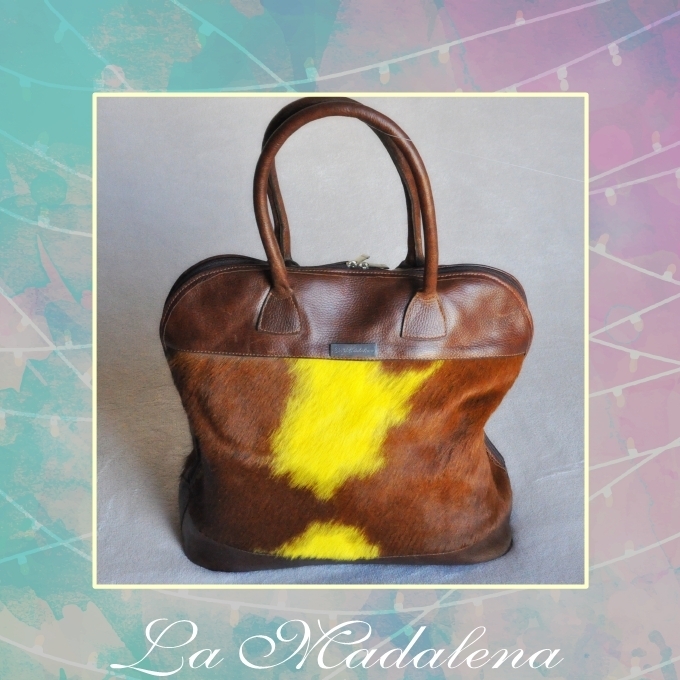 9431 Calf-hair leather totem handbag,  brown and yellow, brown border,  Unique item