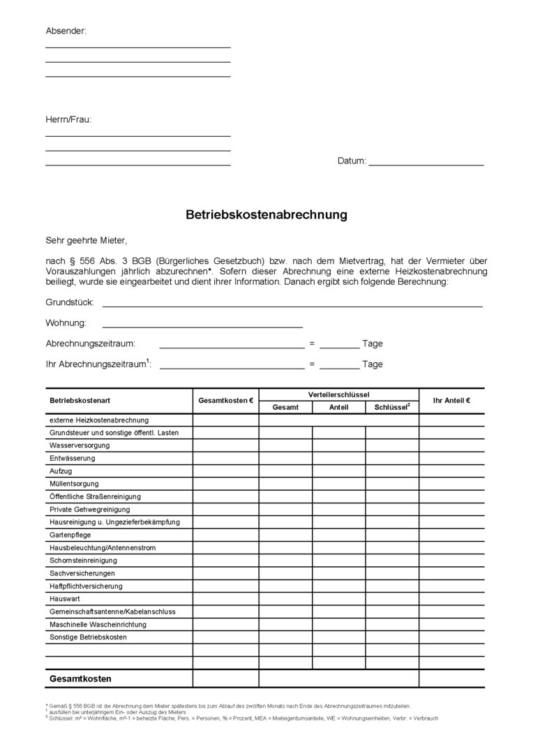 Betriebskosten Abrechnung - Formularkauf.de